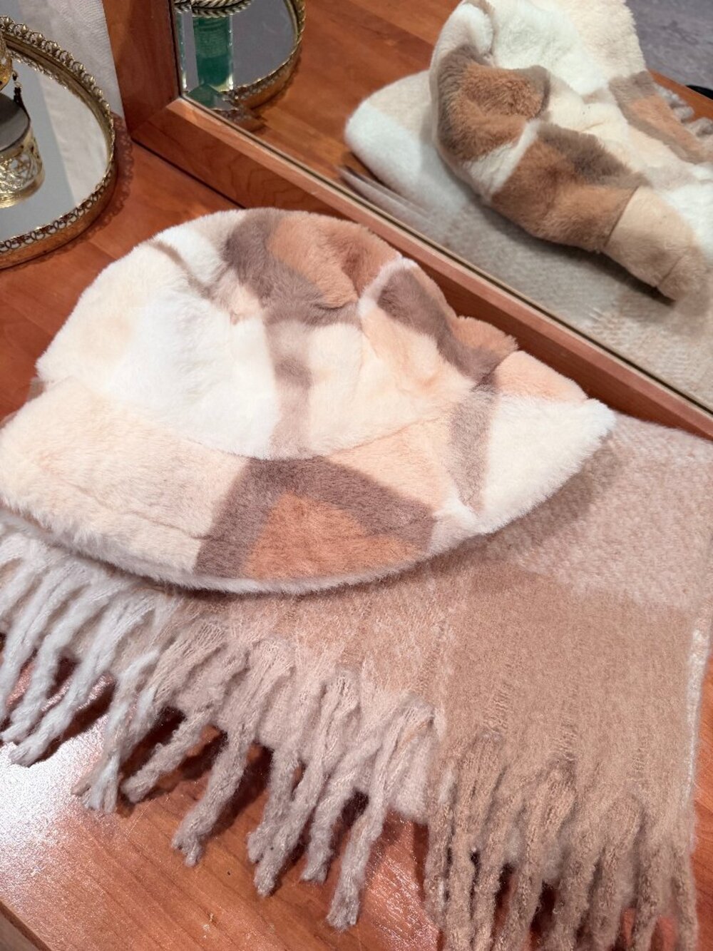 LOFT Fringe Scarf + Faux Fur Patchwork Bucket Hat Winter Bundle